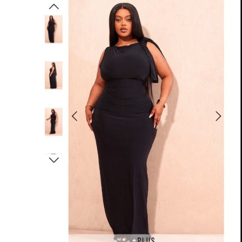NEW! PrettyLittleThing Plus Deep Black Slinky Knot Drape Midaxi Dress - Size 14